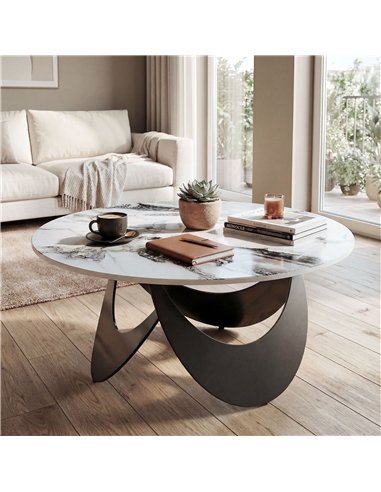 HOMCOM Coffee Table Sintered Stone Top Adjustable Foot Pads Modern Centre Table for Living Room White and Black