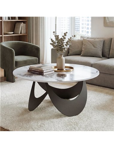 HOMCOM Coffee Table Sintered Stone Top Adjustable Foot Pads Modern Centre Table for Living Room White and Black