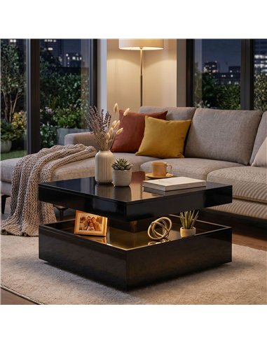 HOMCOM LED Coffee Table with Storage, 2-Tier Modern Centre Table with Open Shelf and Remote for Living Room, High Gloss Black