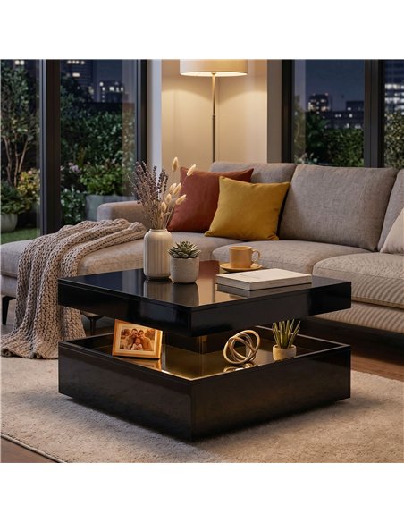 HOMCOM LED Coffee Table with Storage, 2-Tier Modern Centre Table with Open Shelf and Remote for Living Room, High Gloss Black - pic 179520 | FastDaddyshop