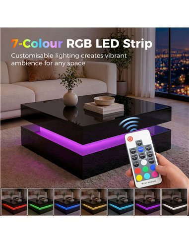 HOMCOM LED Coffee Table with Storage, 2-Tier Modern Centre Table with Open Shelf and Remote for Living Room, High Gloss Black