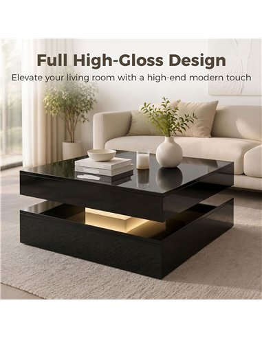 HOMCOM LED Coffee Table with Storage, 2-Tier Modern Centre Table with Open Shelf and Remote for Living Room, High Gloss Black