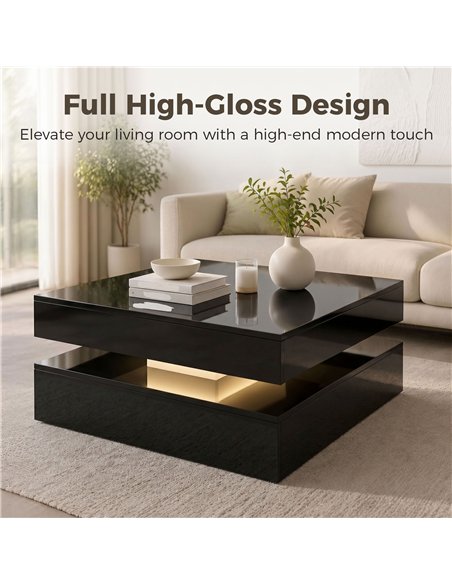HOMCOM LED Coffee Table with Storage, 2-Tier Modern Centre Table with Open Shelf and Remote for Living Room, High Gloss Black - pic 179523 | FastDaddyshop