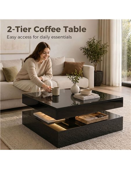 HOMCOM LED Coffee Table with Storage, 2-Tier Modern Centre Table with Open Shelf and Remote for Living Room, High Gloss Black - pic 179524 | FastDaddyshop