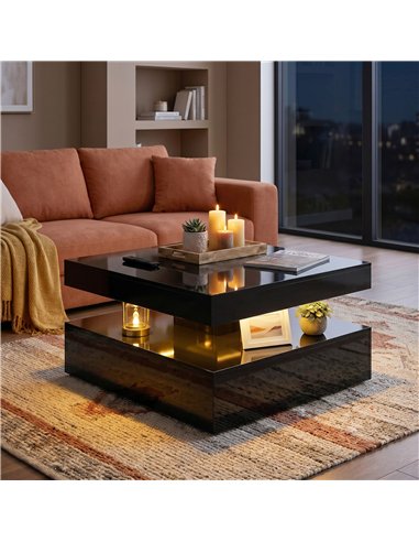 HOMCOM LED Coffee Table with Storage, 2-Tier Modern Centre Table with Open Shelf and Remote for Living Room, High Gloss Black