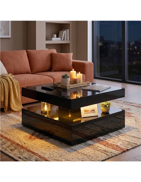 HOMCOM LED Coffee Table with Storage, 2-Tier Modern Centre Table with Open Shelf and Remote for Living Room, High Gloss Black - pic 179526 | FastDaddyshop