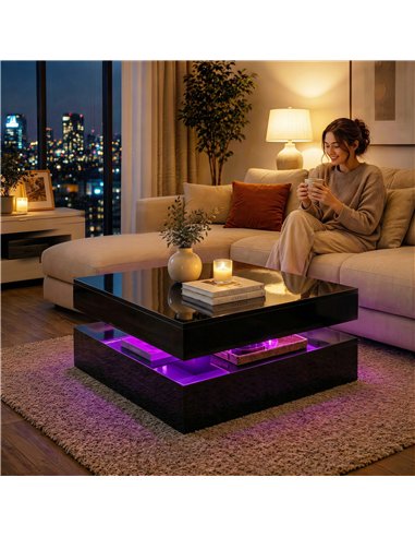 HOMCOM LED Coffee Table with Storage, 2-Tier Modern Centre Table with Open Shelf and Remote for Living Room, High Gloss Black