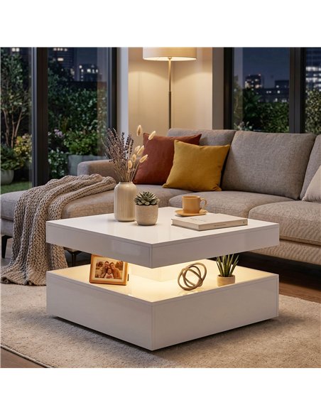 HOMCOM LED Coffee Table with Storage, 2-Tier Modern Centre Table with Open Shelf and Remote for Living Room, High Gloss White - pic 179529 | FastDaddyshop