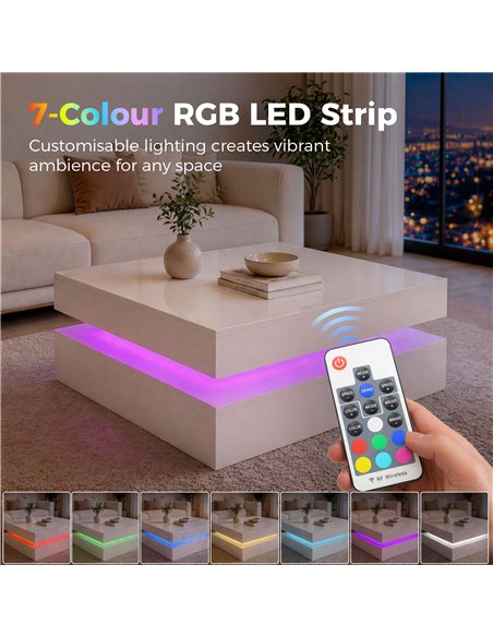 HOMCOM LED Coffee Table with Storage, 2-Tier Modern Centre Table with Open Shelf and Remote for Living Room, High Gloss White - pic 179531 | FastDaddyshop