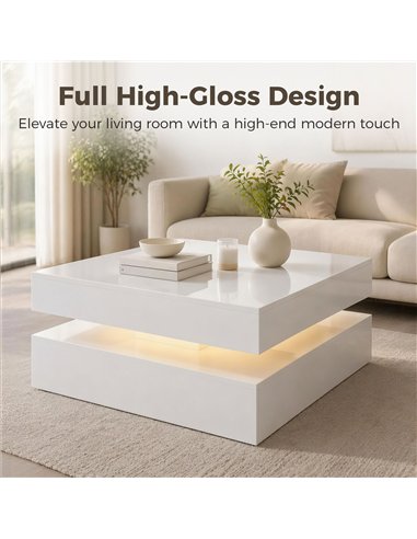 HOMCOM LED Coffee Table with Storage, 2-Tier Modern Centre Table with Open Shelf and Remote for Living Room, High Gloss White