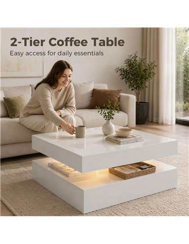 HOMCOM LED Coffee Table with Storage, 2-Tier Modern Centre Table with Open Shelf and Remote for Living Room, High Gloss White