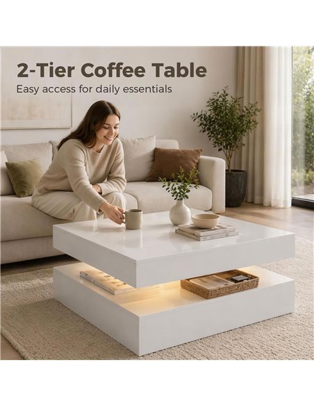 HOMCOM LED Coffee Table with Storage, 2-Tier Modern Centre Table with Open Shelf and Remote for Living Room, High Gloss White - pic 179533 | FastDaddyshop