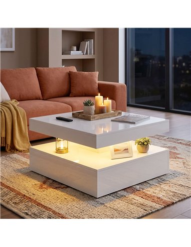 HOMCOM LED Coffee Table with Storage, 2-Tier Modern Centre Table with Open Shelf and Remote for Living Room, High Gloss White