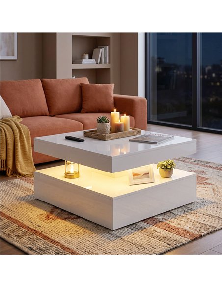 HOMCOM LED Coffee Table with Storage, 2-Tier Modern Centre Table with Open Shelf and Remote for Living Room, High Gloss White - pic 179535 | FastDaddyshop