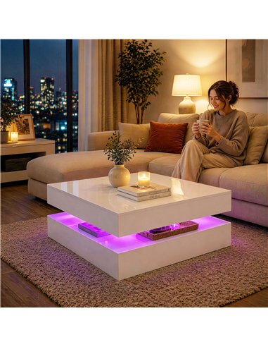 HOMCOM LED Coffee Table with Storage, 2-Tier Modern Centre Table with Open Shelf and Remote for Living Room, High Gloss White