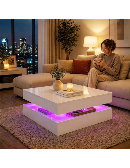 HOMCOM LED Coffee Table with Storage, 2-Tier Modern Centre Table with Open Shelf and Remote for Living Room, High Gloss White - pic 179536 | FastDaddyshop