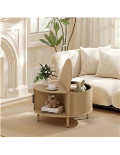 HOMCOM Coffee Table with Lift Top and Hidden Storage, Round Centre Table with Fluted Sliding Door, 80 cm, Natural Wood 2