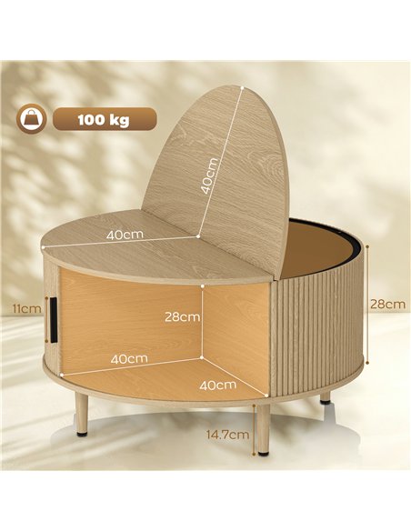 HOMCOM Coffee Table with Lift Top and Hidden Storage, Round Centre Table with Fluted Sliding Door, 80 cm, Natural Wood - pic 179539 | FastDaddyshop