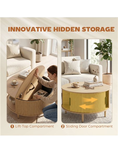 HOMCOM Coffee Table with Lift Top and Hidden Storage, Round Centre Table with Fluted Sliding Door, 80 cm, Natural Wood - pic 179540 | FastDaddyshop