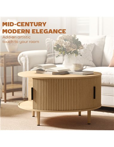 HOMCOM Coffee Table with Lift Top and Hidden Storage, Round Centre Table with Fluted Sliding Door, 80 cm, Natural Wood