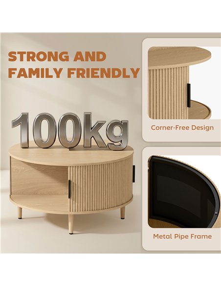 HOMCOM Coffee Table with Lift Top and Hidden Storage, Round Centre Table with Fluted Sliding Door, 80 cm, Natural Wood - pic 179542 | FastDaddyshop