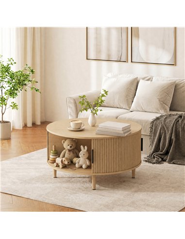HOMCOM Coffee Table with Lift Top and Hidden Storage, Round Centre Table with Fluted Sliding Door, 80 cm, Natural Wood