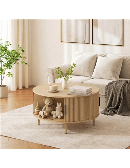 HOMCOM Coffee Table with Lift Top and Hidden Storage, Round Centre Table with Fluted Sliding Door, 80 cm, Natural Wood - pic 179543 | FastDaddyshop