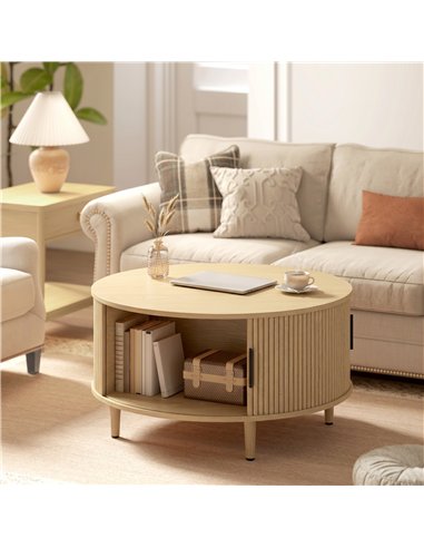 HOMCOM Coffee Table with Lift Top and Hidden Storage, Round Centre Table with Fluted Sliding Door, 80 cm, Natural Wood