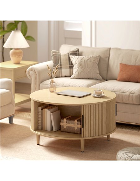 HOMCOM Coffee Table with Lift Top and Hidden Storage, Round Centre Table with Fluted Sliding Door, 80 cm, Natural Wood - pic 179544 | FastDaddyshop