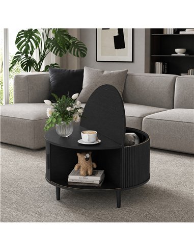 HOMCOM Coffee Table with Lift Top and Hidden Storage, Round Centre Table with Fluted Sliding Door, 80 cm, Black Wood Effect