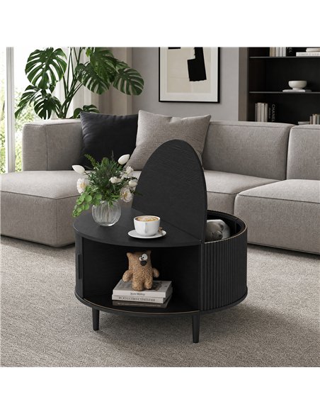 HOMCOM Coffee Table with Lift Top and Hidden Storage, Round Centre Table with Fluted Sliding Door, 80 cm, Black Wood Effect - pic 179547 | FastDaddyshop