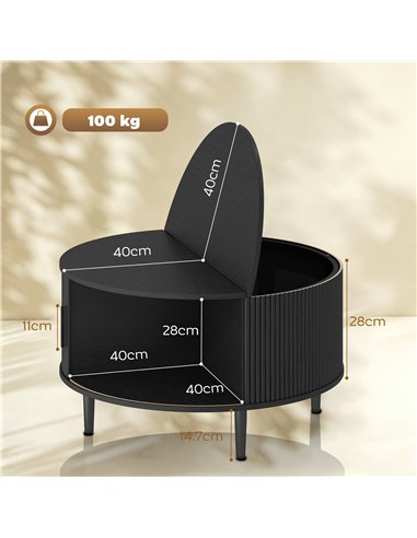 HOMCOM Coffee Table with Lift Top and Hidden Storage, Round Centre Table with Fluted Sliding Door, 80 cm, Black Wood Effect