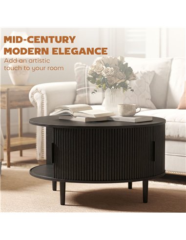 HOMCOM Coffee Table with Lift Top and Hidden Storage, Round Centre Table with Fluted Sliding Door, 80 cm, Black Wood Effect