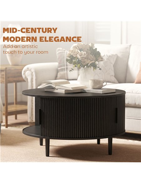HOMCOM Coffee Table with Lift Top and Hidden Storage, Round Centre Table with Fluted Sliding Door, 80 cm, Black Wood Effect - pic 179550 | FastDaddyshop