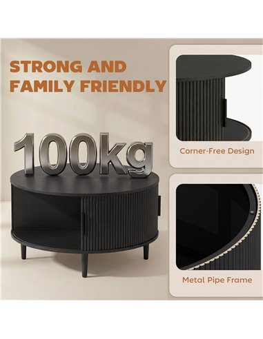 HOMCOM Coffee Table with Lift Top and Hidden Storage, Round Centre Table with Fluted Sliding Door, 80 cm, Black Wood Effect