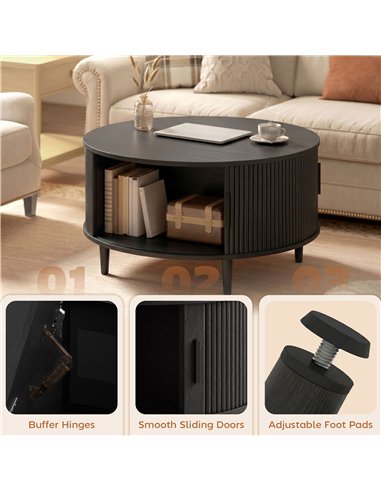 HOMCOM Coffee Table with Lift Top and Hidden Storage, Round Centre Table with Fluted Sliding Door, 80 cm, Black Wood Effect