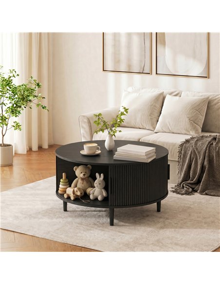 HOMCOM Coffee Table with Lift Top and Hidden Storage, Round Centre Table with Fluted Sliding Door, 80 cm, Black Wood Effect - pic 179553 | FastDaddyshop