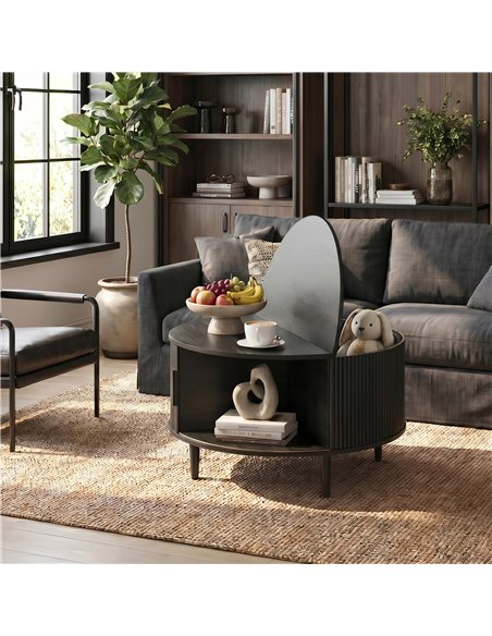 HOMCOM Coffee Table with Lift Top and Hidden Storage, Round Centre Table with Fluted Sliding Door, 80 cm, Black Wood Effect - pic 179554 | FastDaddyshop