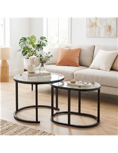 HOMCOM Nest of Tables with Steel Frame and Tempered Glass Tabletop, Modern Coffee Table Set of 2, Black 2