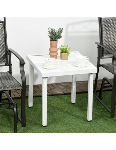 Outsunny Garden Side Table End Table Patio Coffee Table with Umbrella Hole, Steel Frame for Balcony, White