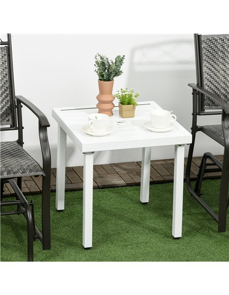 Outsunny Garden Side Table End Table Patio Coffee Table with Umbrella Hole, Steel Frame for Balcony, White - pic 179610 | FastDaddyshop