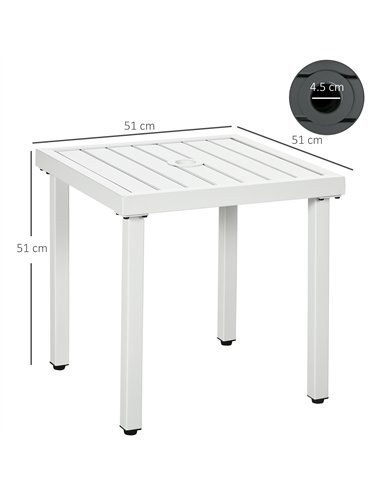 Outsunny Garden Side Table End Table Patio Coffee Table with Umbrella Hole, Steel Frame for Balcony, White
