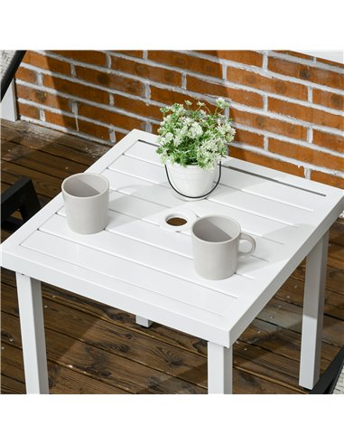 Outsunny Garden Side Table End Table Patio Coffee Table with Umbrella Hole, Steel Frame for Balcony, White