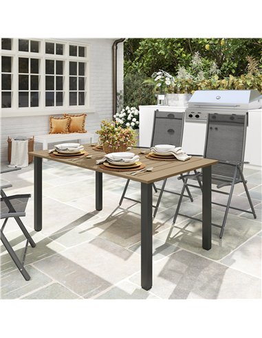 Outsunny Garden Dining Table for 6 with Parasol Hole, Rectangle Outdoor Garden Table with Slatted Metal Top, Steel Frame, Brown