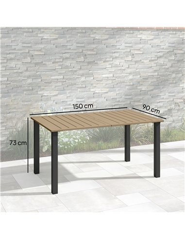 Outsunny Garden Dining Table for 6 with Parasol Hole, Rectangle Outdoor Garden Table with Slatted Metal Top, Steel Frame, Brown