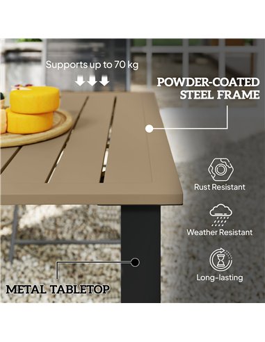 Outsunny Garden Dining Table for 6 with Parasol Hole, Rectangle Outdoor Garden Table with Slatted Metal Top, Steel Frame, Brown