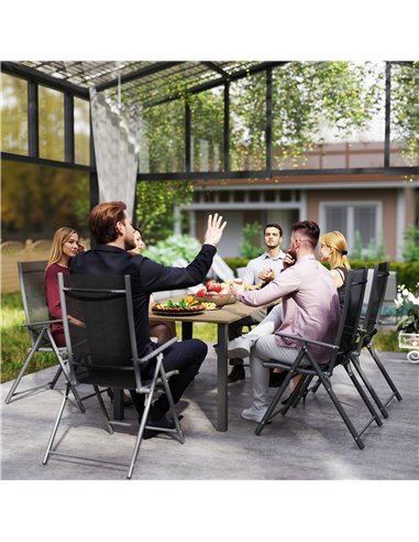 Outsunny Garden Dining Table for 6 with Parasol Hole, Rectangle Outdoor Garden Table with Slatted Metal Top, Steel Frame, Brown