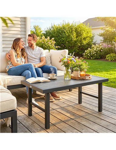 Outsunny Metal Garden Coffee Table, Outdoor Side Table with SPC Woodgrain Tabletop for Outside, 100 x 52 x 46cm, Dark Grey
