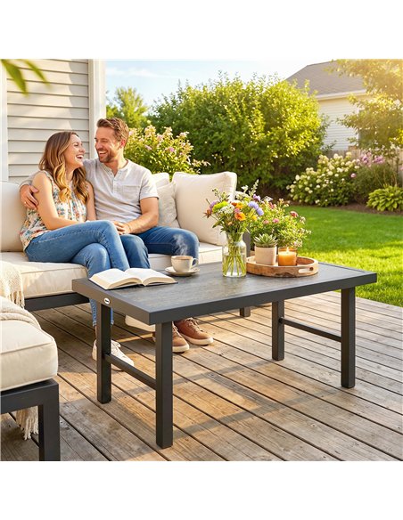 Outsunny Metal Garden Coffee Table, Outdoor Side Table with SPC Woodgrain Tabletop for Outside, 100 x 52 x 46cm, Dark Grey - pic 179700 | FastDaddyshop