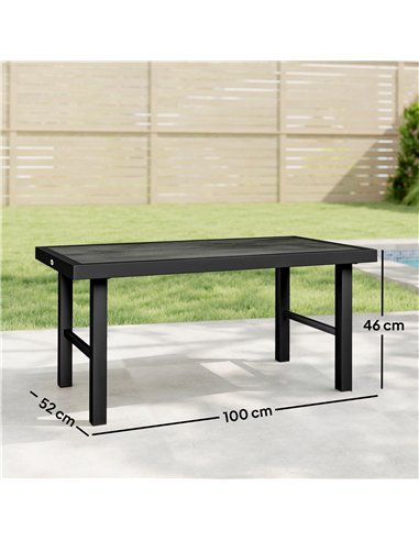 Outsunny Metal Garden Coffee Table, Outdoor Side Table with SPC Woodgrain Tabletop for Outside, 100 x 52 x 46cm, Dark Grey